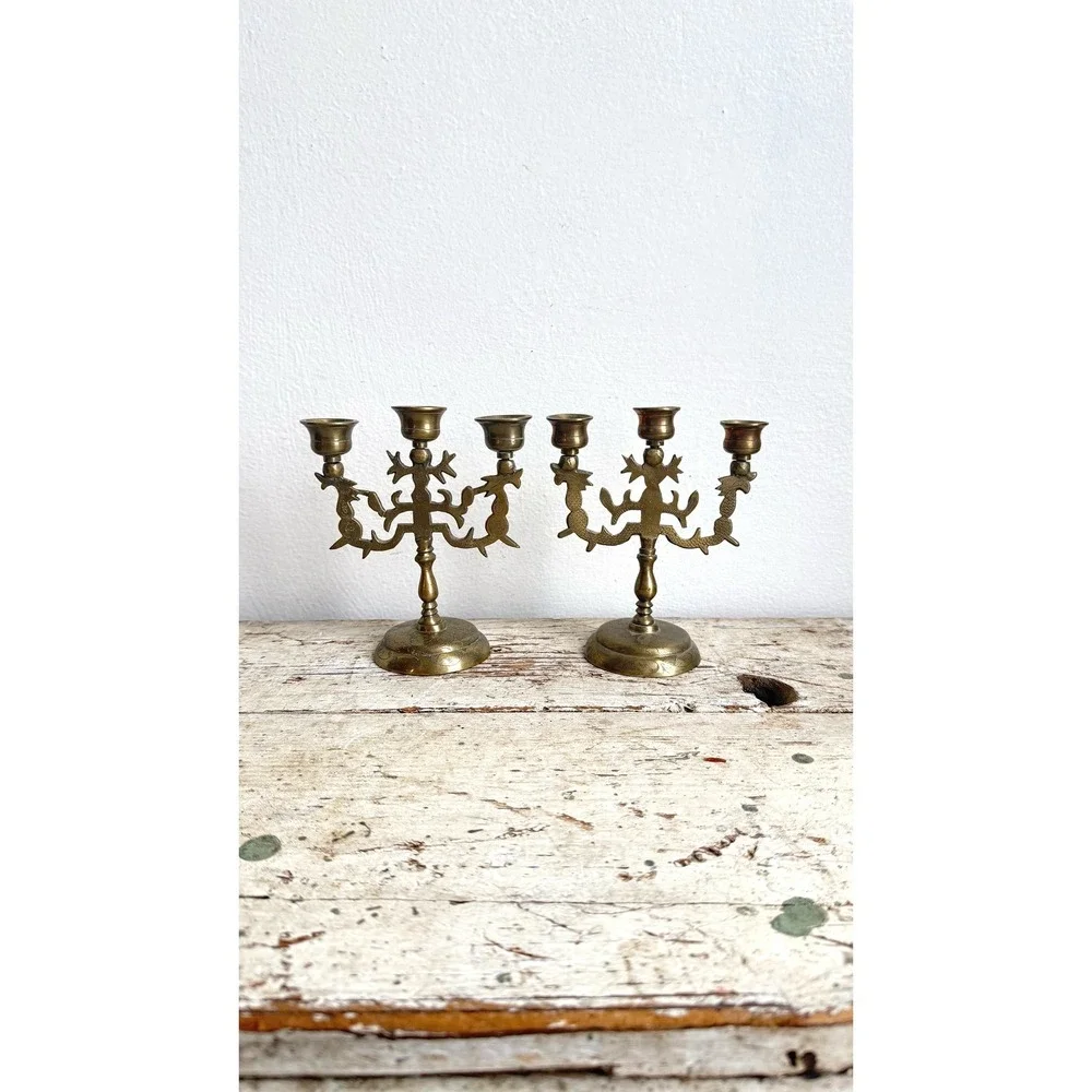 Vintage Brass Dragon Candelabra Pair 3 Light Etched Taper Holders India